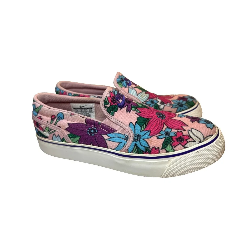 Nike TOKI PInk Blue Aloha Floral Thick Canvas Slip On Loafer Skater Shoe Wmn 6.5